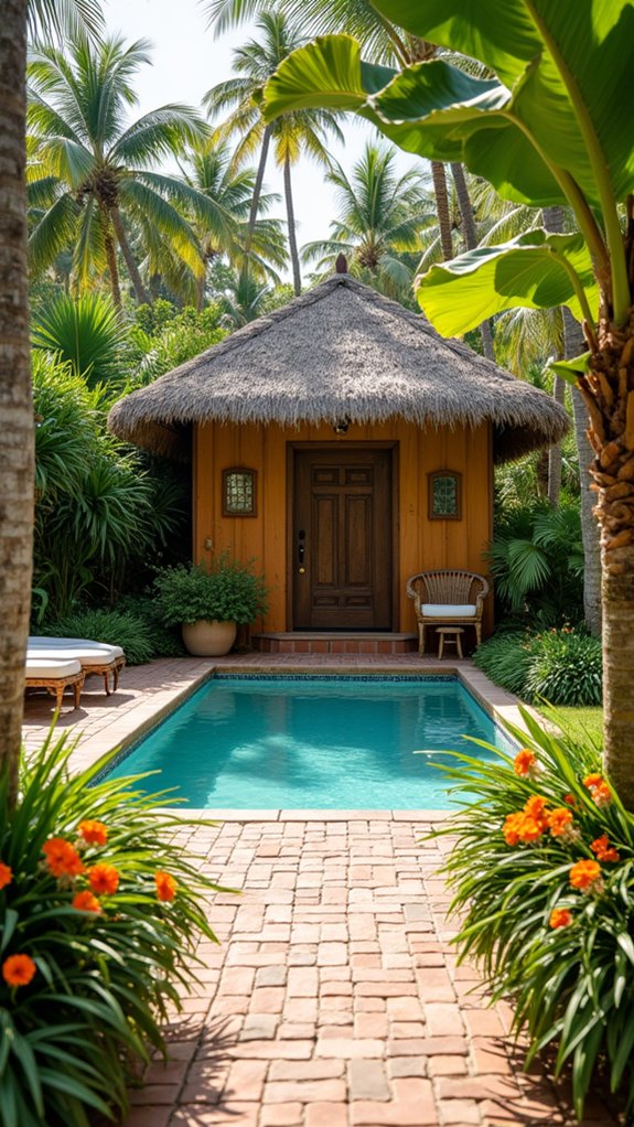 23 Stylish Pool House Exterior Ideas That Boost Curb Appeal tropical oasis pool landscaping