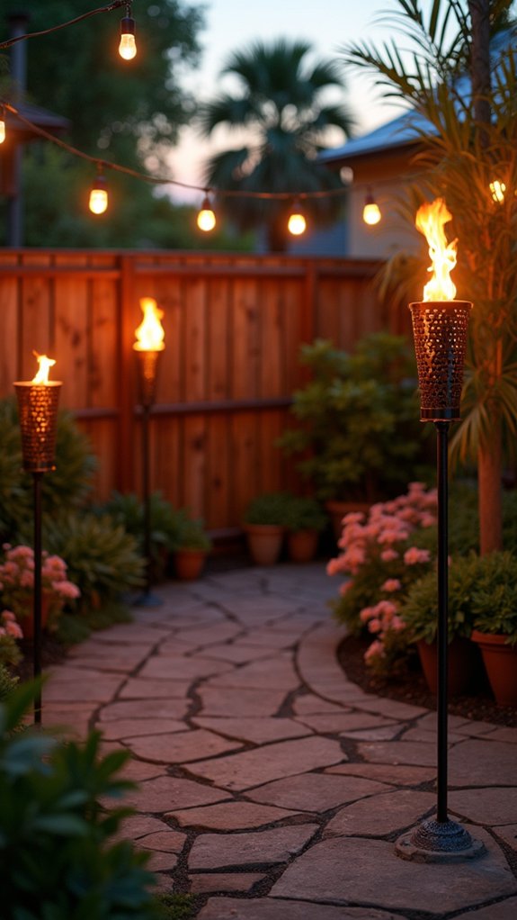 19 Modern Pool Lighting Ideas That Bring Sleek Nighttime Style tropical vibe with tiki torches