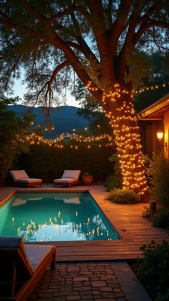 23 Gorgeous Backyard Pool Lighting Ideas That Create a Warm Evening Glow twinkling lights create enchantment