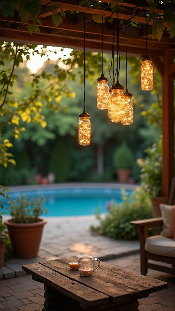 18 Creative Backyard Above Ground Pool Lighting Ideas For Dark Evenings twinkling lights in jars