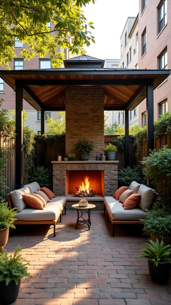 22 Warm Pool Gazebo With Fireplace Ideas That Extend the Season urban cozy fireplace lounge