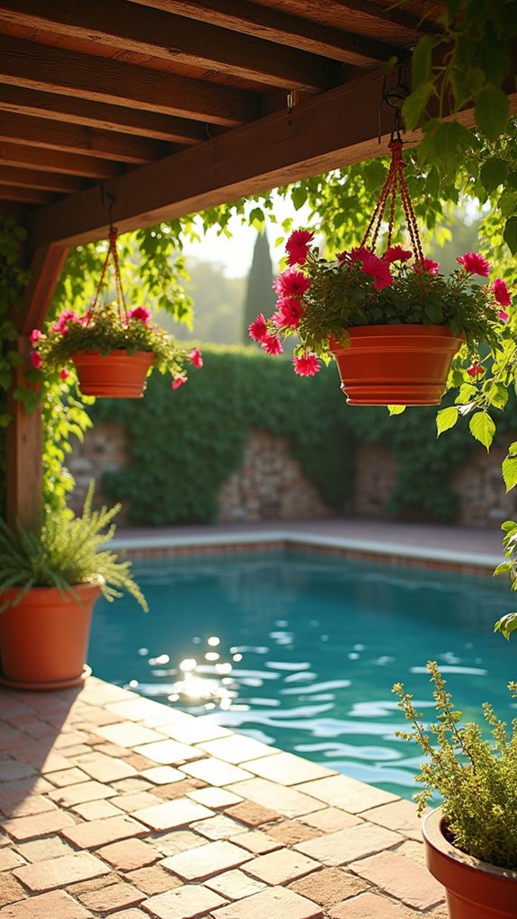 25 Mediterranean Pool Pergola Ideas With Timeless Elegance vibrant hanging planters elevate