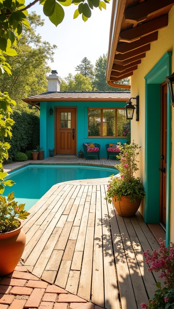 23 Stylish Pool House Exterior Ideas That Boost Curb Appeal vibrant inviting pool house