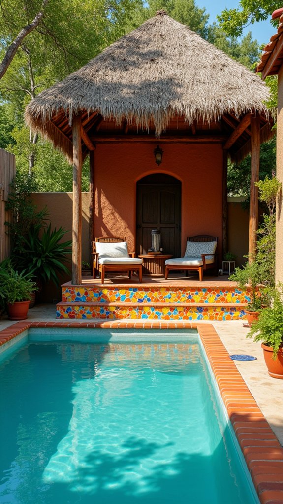 21 Clever Small Backyard Pool Cabana Ideas That Make Space Work Harder vibrant mosaic tile accents