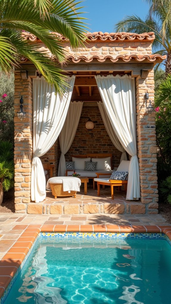 24 Mediterranean Pool Cabana Ideas With Breezy Coastal Flair vibrant mosaic tiled escape