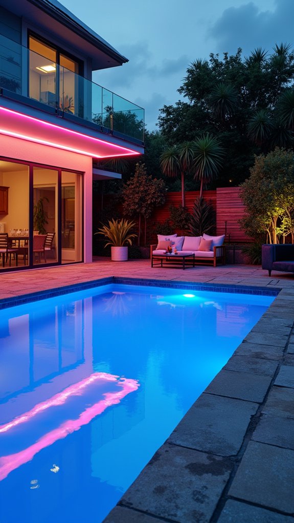 19 Practical Pool Fence Lighting Ideas That Boost Security and Style vibrant neon pool lighting