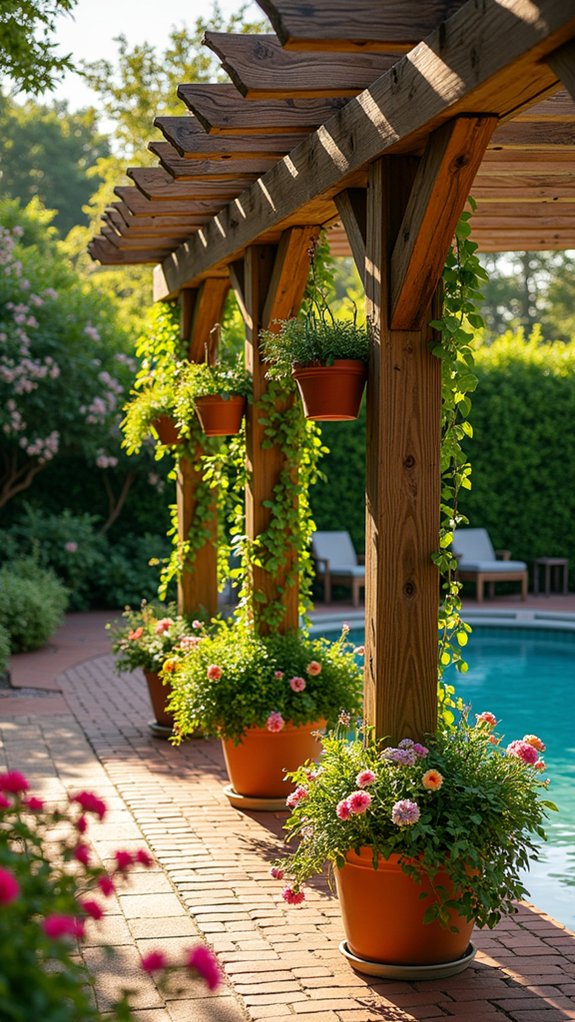 18 Charming Backyard Pool Pergola Ideas That Complete the Space vibrant oasis with planters