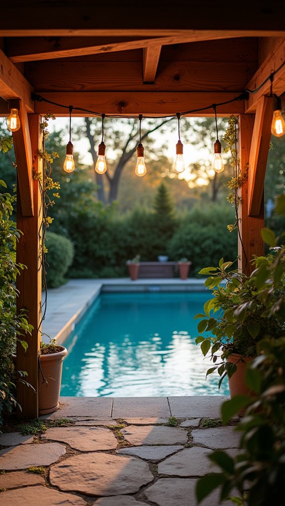 22 Calm Pool Enclosure Lighting Ideas That Feel Serene at Night warm inviting outdoor ambiance