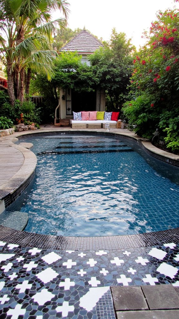 21 Stunning Pool Tile Ideas That Instantly Elevate Your Backyard bold black and white elegance