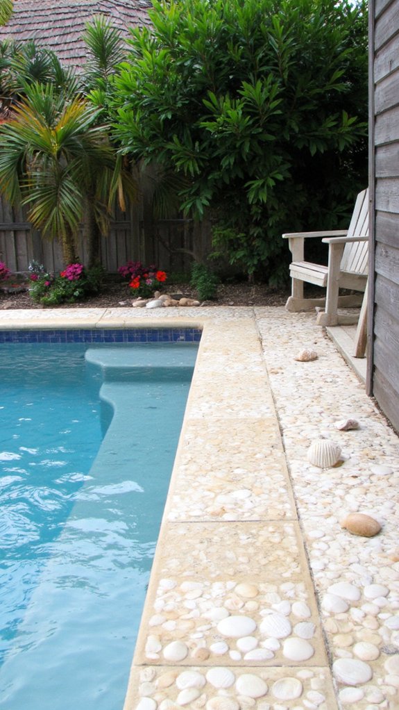 24 Gorgeous Pool Tile Inspiration Worth Saving Right Now coastal charm with shell tiles
