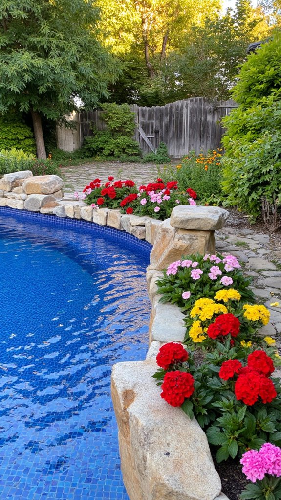 21 Unique Pool Landscaping Backyard Ideas With Natural Flow colorful flower beds enhance