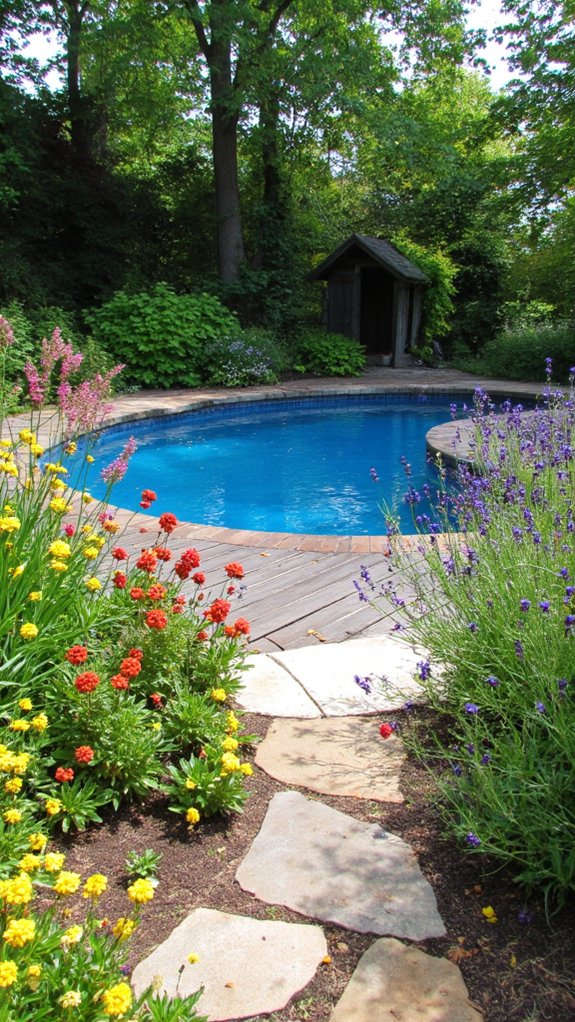 22 Natural Backyard Pool Garden Ideas With Lush Surroundings colorful flowers attract pollinators
