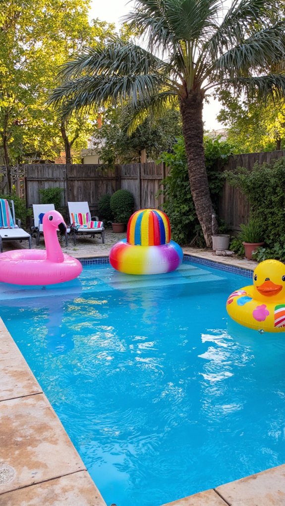 24 Relaxing Outdoor Pool Area Ideas For Unwinding After Long Days colorful pool float fun