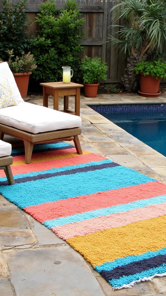 25 Serene Poolside Lounge Area Ideas For Laid Back Days colorful rugs define poolside