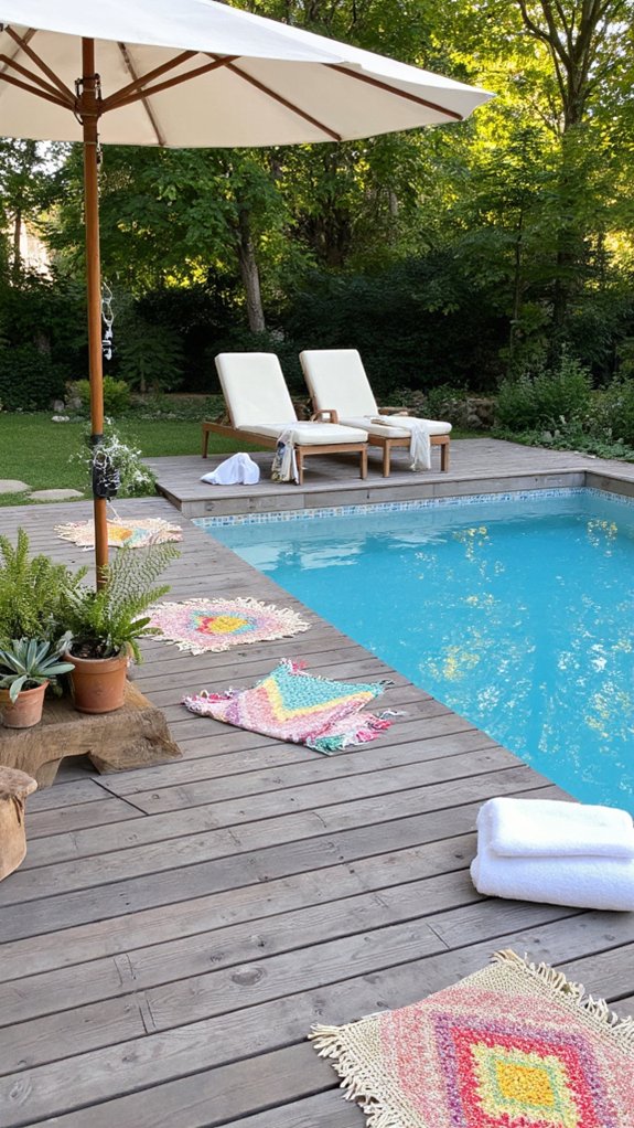 23 Gorgeous Backyard Swimming Pool Ideas For Everyday Relaxation comfy lounge chairs vibrant cushions