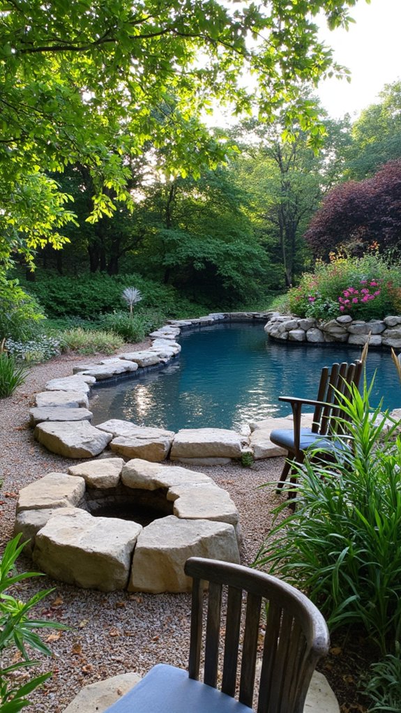 22 Natural Backyard Pool Garden Ideas With Lush Surroundings cozy evening fire ambiance