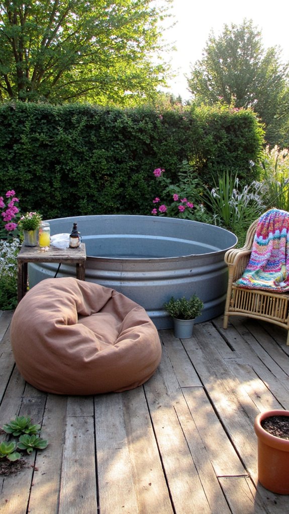 21 Budget Friendly Stock Tank Pool Ideas That Surprise cozy poolside lounge setup