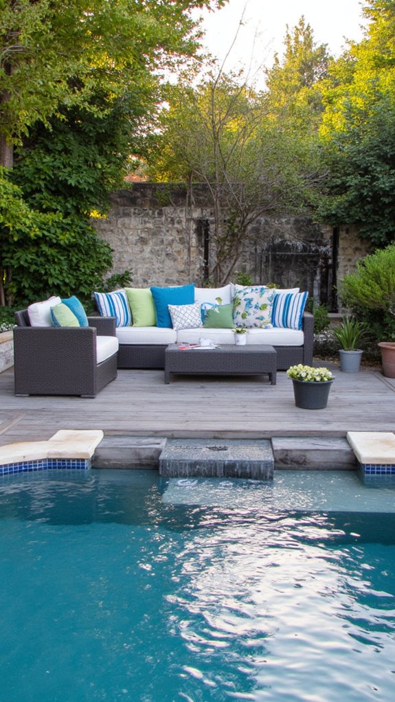 18 Elegant Backyard Pool and Patio Ideas For Easy Entertaining cozy stylish outdoor pillows