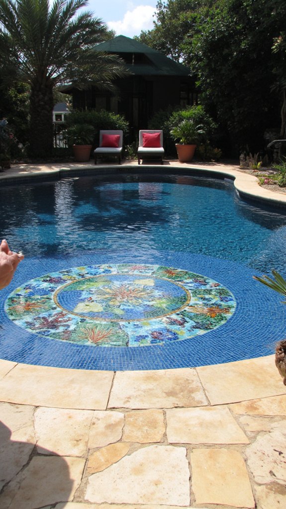 25 Artistic Mosaic Pool Tile Ideas That Feel Custom Made custom medallions for personalization