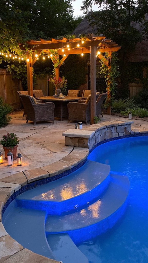 19 Seamless Backyard Patio With Pool Ideas For Flow effortless evening lighting ambiance