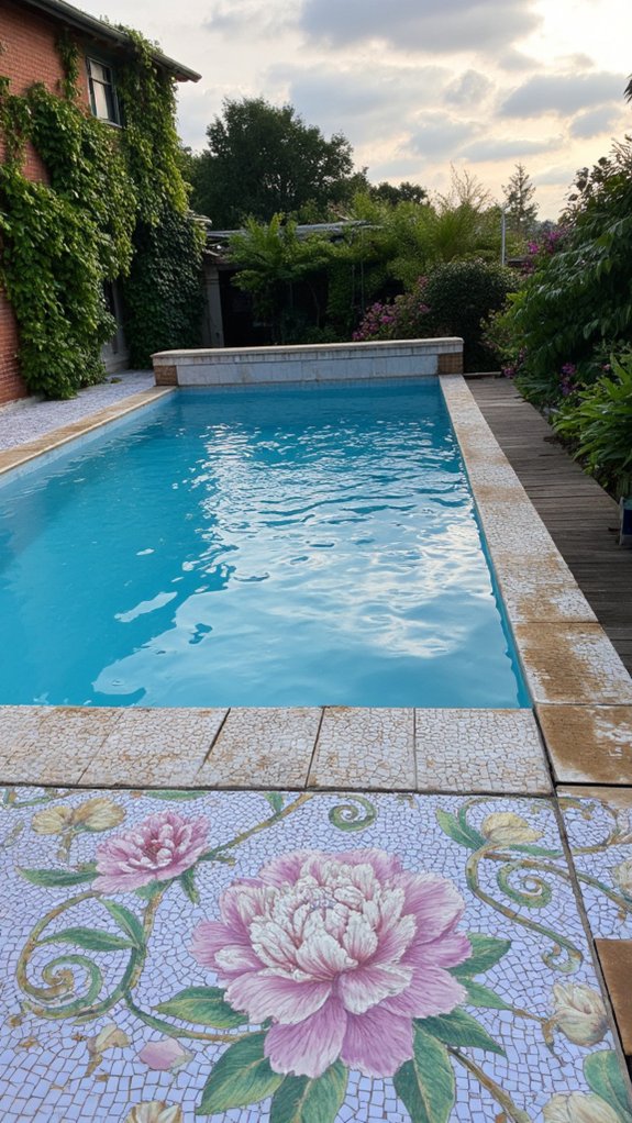 25 Artistic Mosaic Pool Tile Ideas That Feel Custom Made elegant floral pool designs