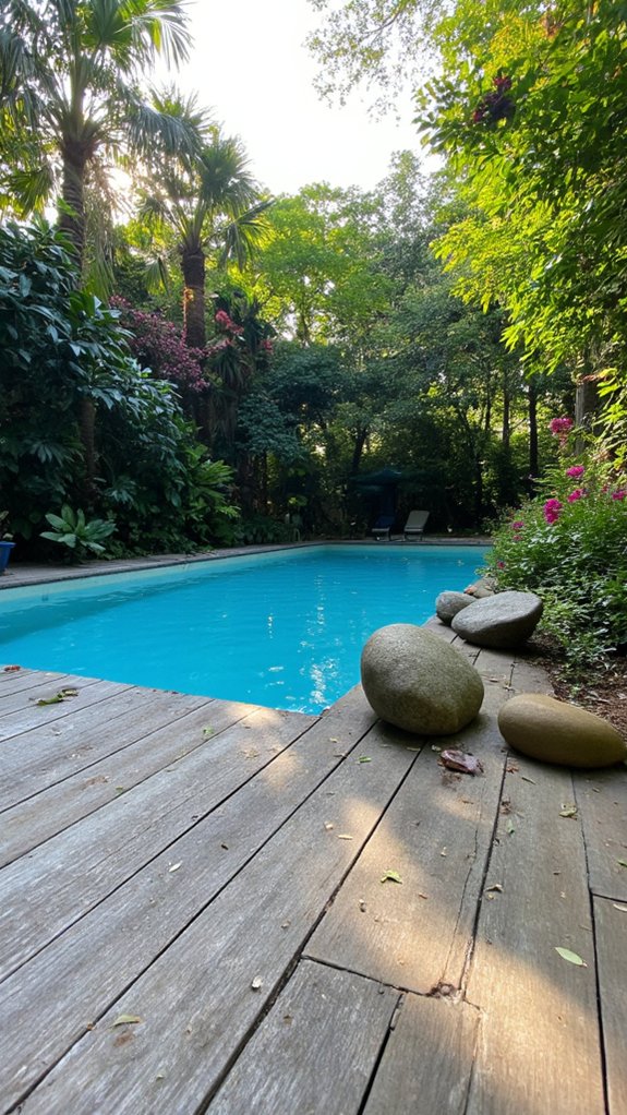 24 Relaxing Outdoor Pool Area Ideas For Unwinding After Long Days lush plants enhance pool landscaping