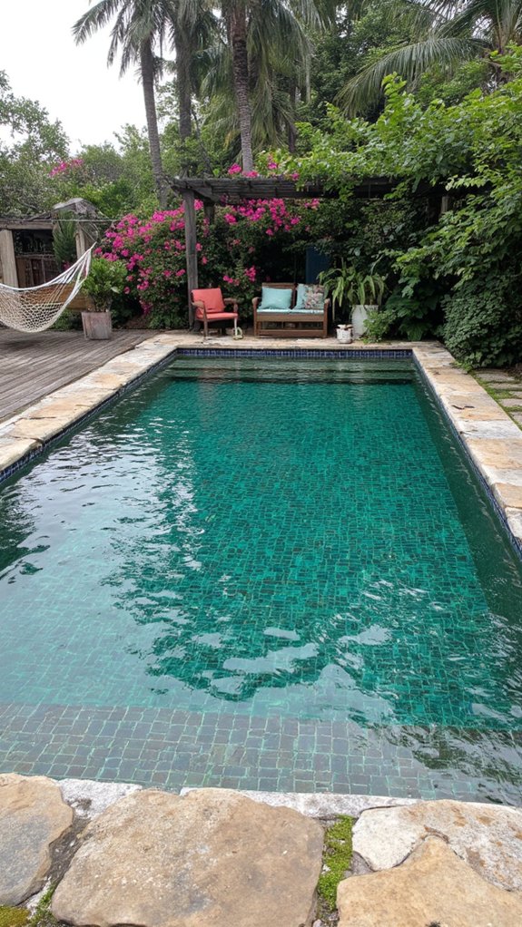 25 Bold Pool Tile Color Ideas That Make Water Pop lush serene pool oasis
