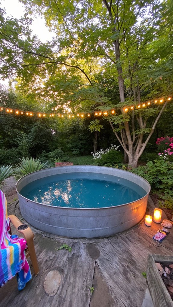 21 Budget Friendly Stock Tank Pool Ideas That Surprise magical nighttime pool lighting
