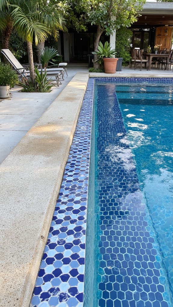 20 Elegant Waterline Pool Tile Ideas For A Polished Look modern geometric pool tiles