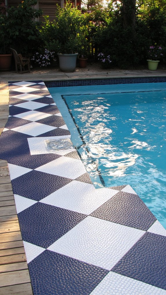 23 Thoughtful Pool Step Tile Ideas That Balance Safety And Style playful checkerboard tile designs