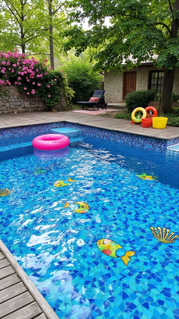 25 Chic Waterline Pool Tile Ideas With Big Visual Impact playful mosaic tile designs