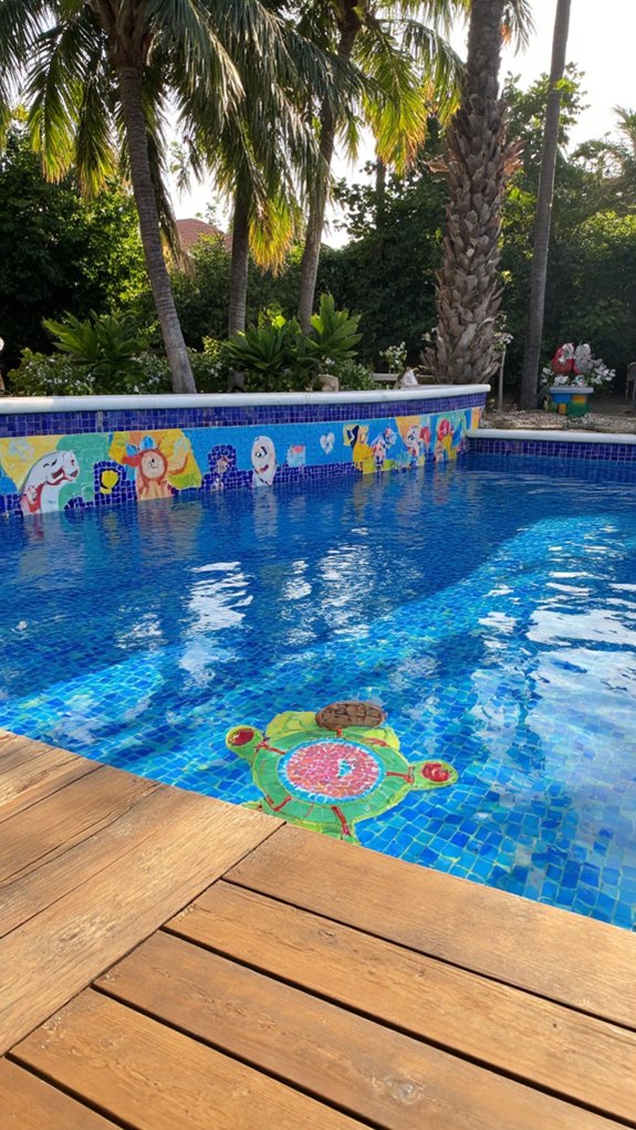 25 Artistic Mosaic Pool Tile Ideas That Feel Custom Made playful pool character designs