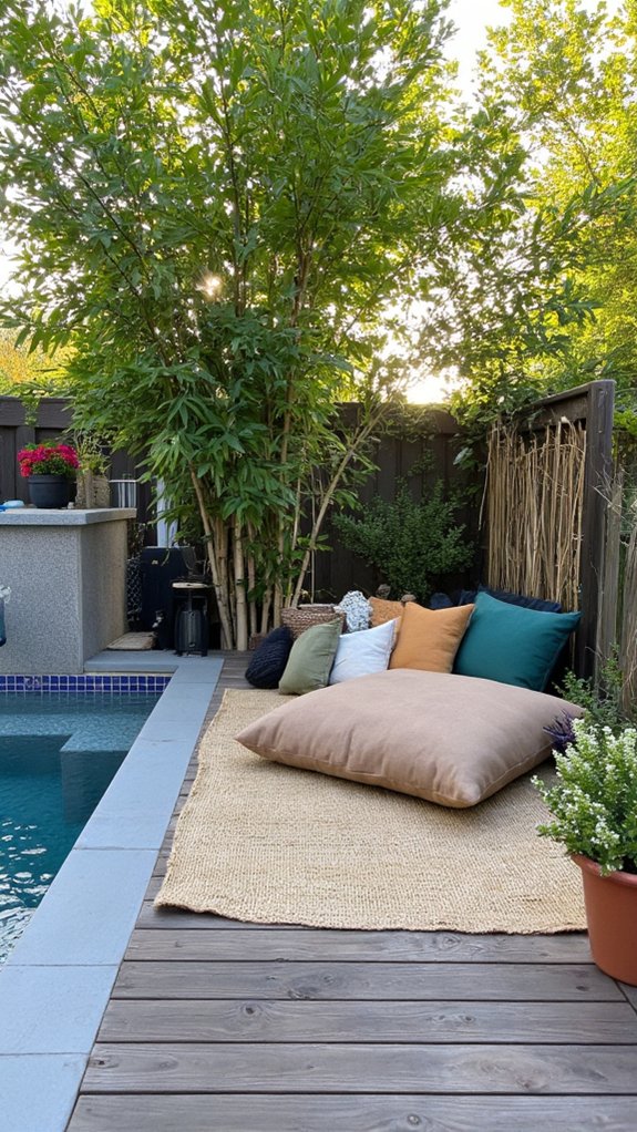 24 Relaxing Outdoor Pool Area Ideas For Unwinding After Long Days serene outdoor meditation corner