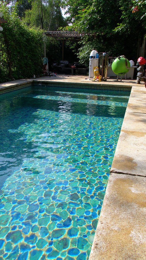 20 Elegant Waterline Pool Tile Ideas For A Polished Look shimmering underwater pool tiles