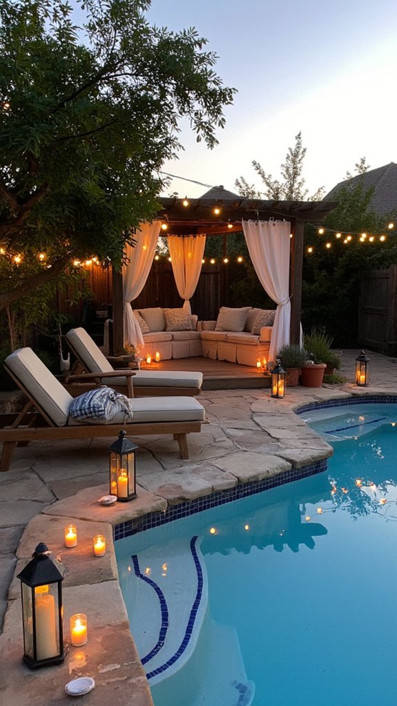 24 Relaxing Outdoor Pool Area Ideas For Unwinding After Long Days soft poolside evening lighting