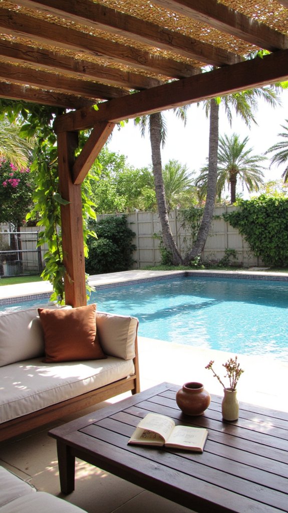 24 Relaxing Outdoor Pool Area Ideas For Unwinding After Long Days stylish pergola for relaxation