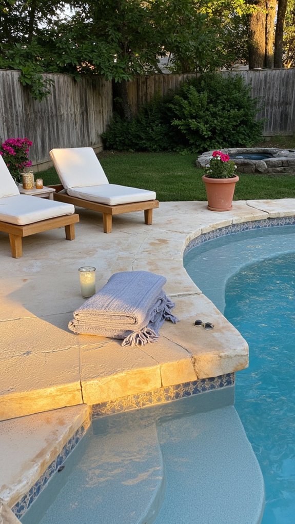 25 Inviting Backyard Pool Area Inspiration For Total Comfort tanning ledge enhances relaxation