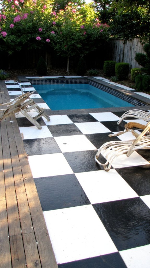 25 Artistic Mosaic Pool Tile Ideas That Feel Custom Made timeless checkerboard outdoor style