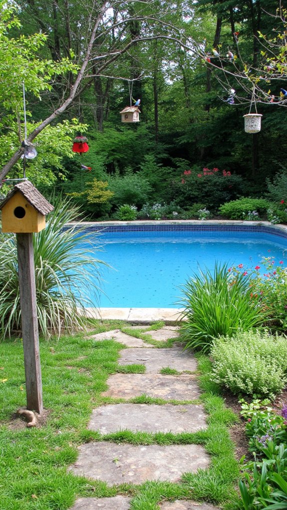22 Natural Backyard Pool Garden Ideas With Lush Surroundings vibrant garden attracts birds