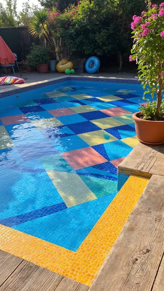 25 Artistic Mosaic Pool Tile Ideas That Feel Custom Made vibrant geometric pool designs