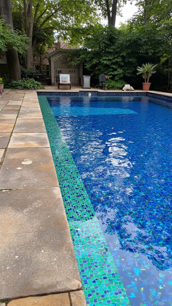 20 Elegant Waterline Pool Tile Ideas For A Polished Look vibrant glass mosaic tiles
