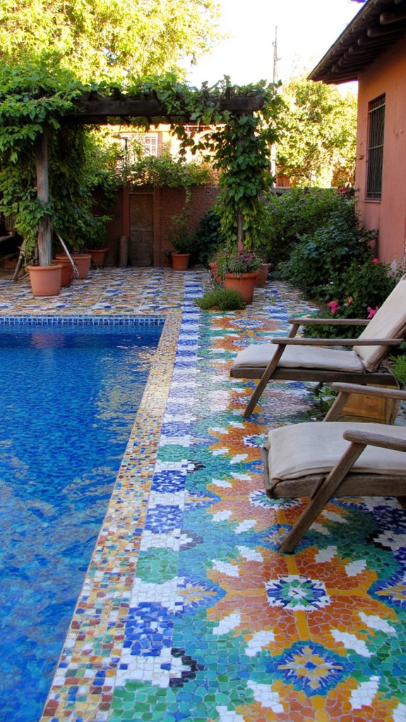19 Beautiful Backyard Pool Patio Designs That Feel Seamless vibrant mosaics for patios