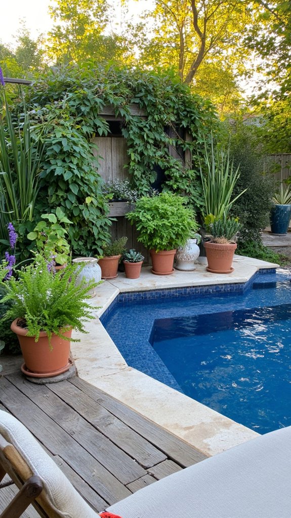 25 Inviting Backyard Pool Area Inspiration For Total Comfort vibrant poolside potted plants