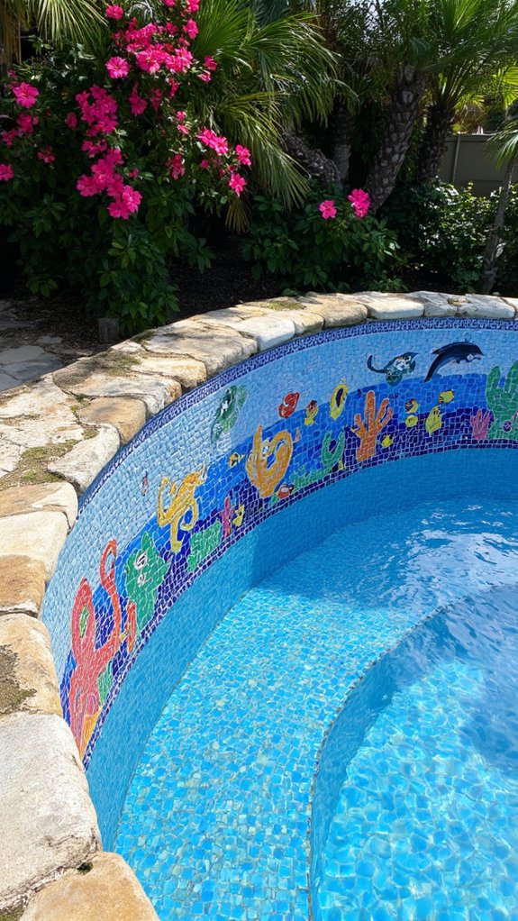25 Artistic Mosaic Pool Tile Ideas That Feel Custom Made whimsical aquatic tile designs