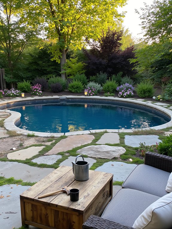 23 Creative Semi Inground Pool Landscaping Ideas That Feel Intentional ambient pool lighting installation