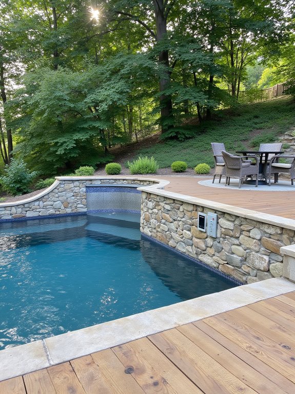 20 Practical Semi Inground Pool Ideas on a Slope That Actually Work automated pool ambiance enhancement