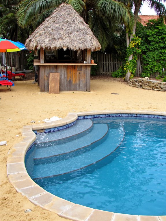 24 Fun Semi Inground Pool Ideas With a Built In Bar for Hosting beach inspired backyard paradise