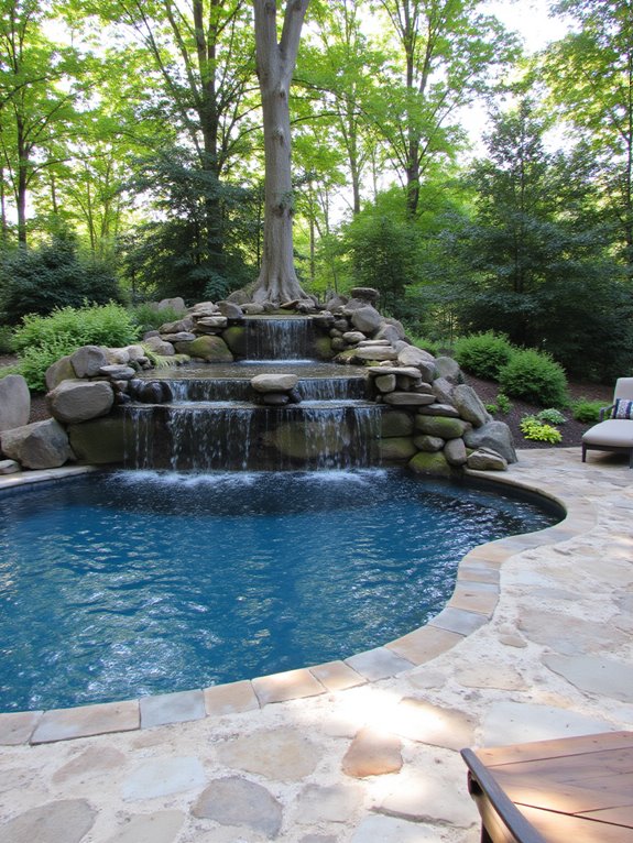 19 Elegant Pool Patio Ideas With Retaining Walls for Sloped Yards calming waterfall pool feature