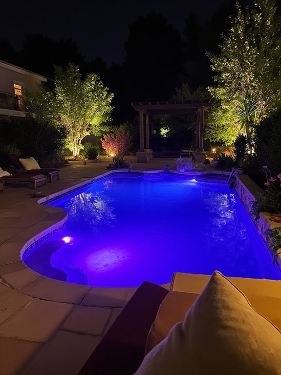 21 Timeless Recessed Pool Ideas for a Seamless Yard Design colorful evening pool ambiance