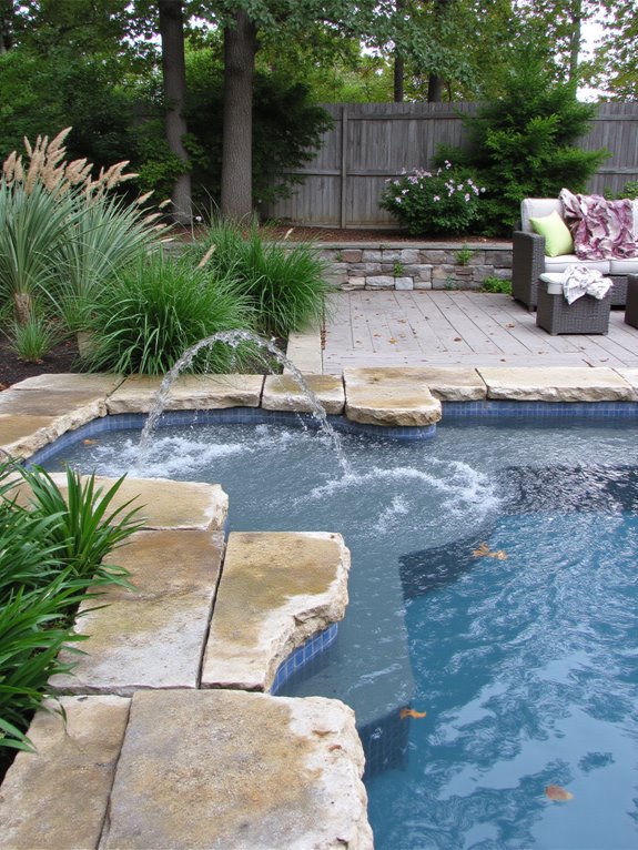 20 Inspiring Semi Inground Pool Landscaping Ideas for a Natural Feel colorful family splash pad